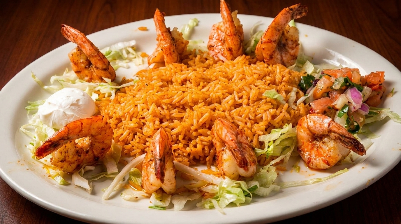 A white plate with Mexican rice, grilled shrimp, shredded lettuce, pico de gallo, and sour cream.