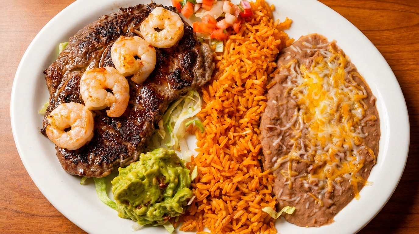 Grilled steak and shrimp with rice, refried beans, guacamole, and pico de gallo on a white plate.