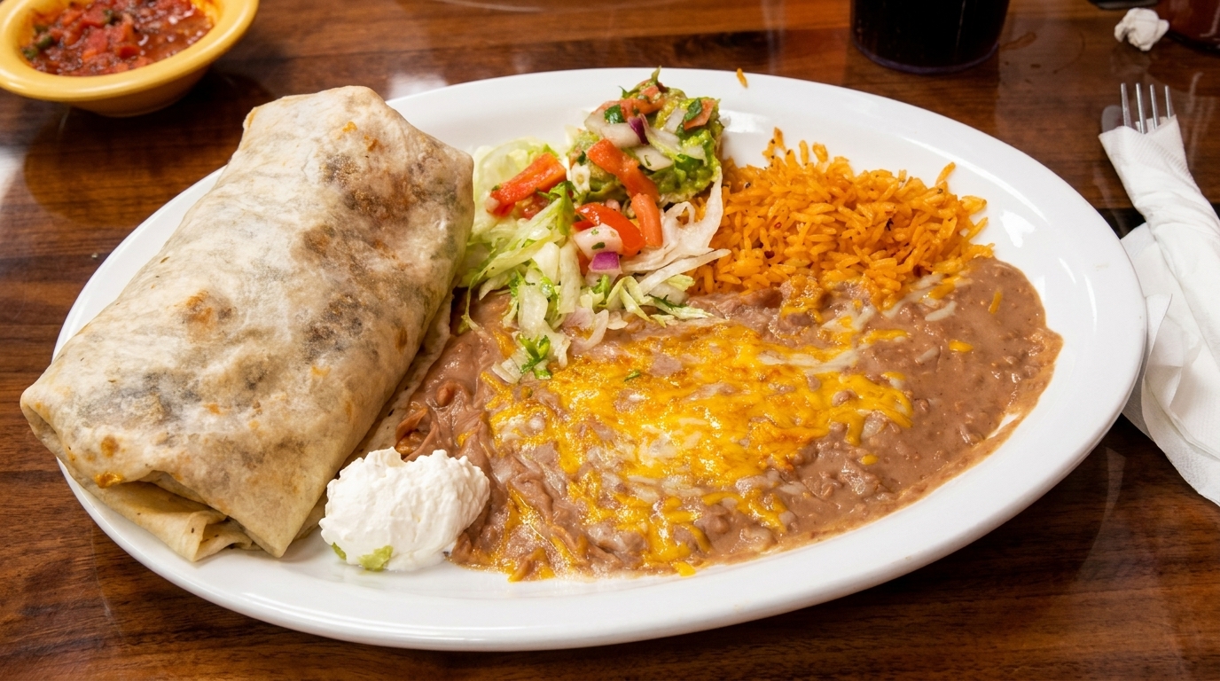 A large burrito with sides of rice, refried beans with cheese, guacamole, and salsa.