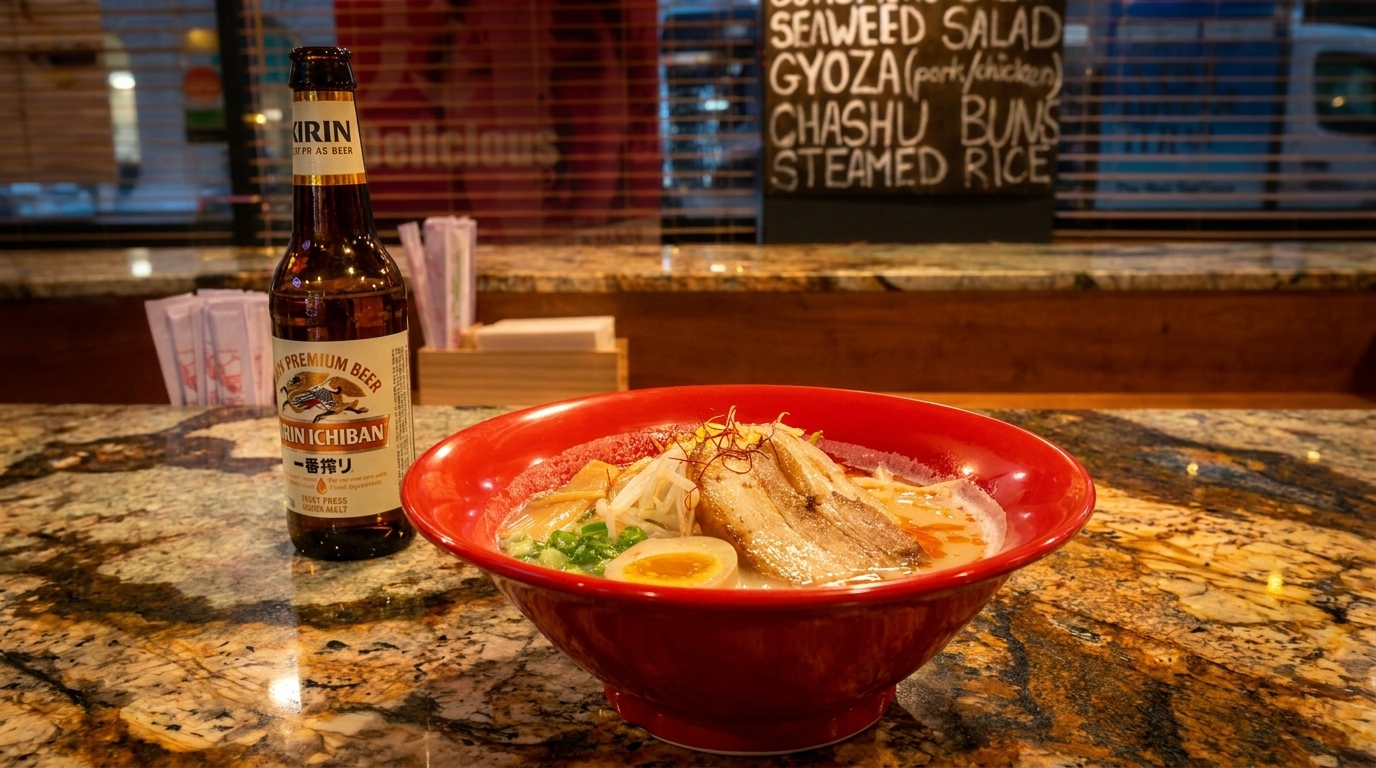A red bowl of ramen with pork, egg, and vegetables next to a bottle of Kirin Ichiban beer.