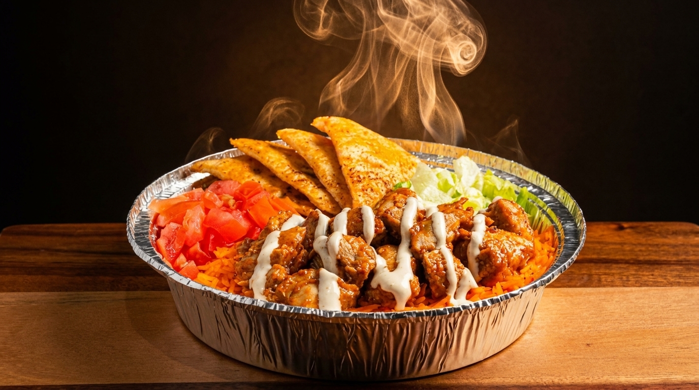 Steaming hot chicken and rice platter with tomatoes, lettuce, pita bread, and white sauce.