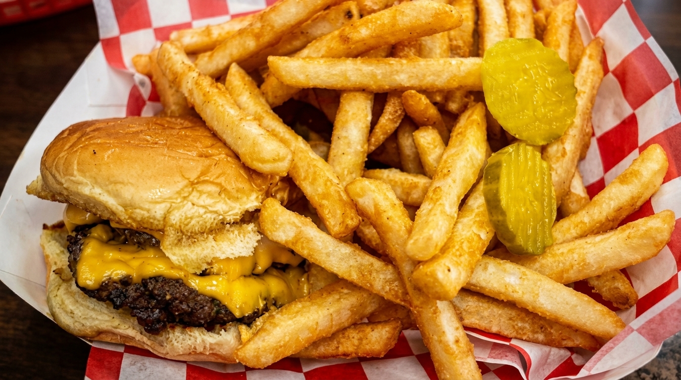 Cheeseburger with melted cheese, a side of golden french fries, and two pickle slices in a red checkered basket.
