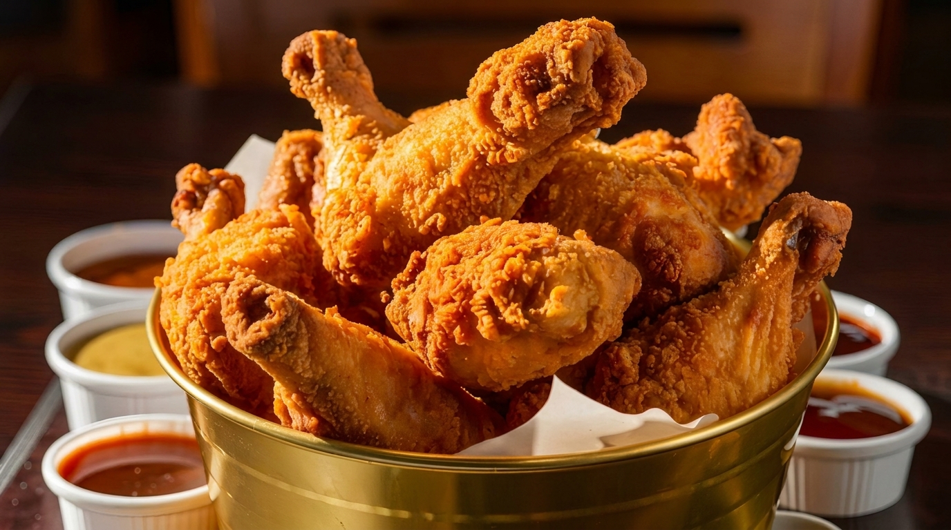 Golden fried chicken pieces in a bucket, with small white bowls of dipping sauces on the side.
