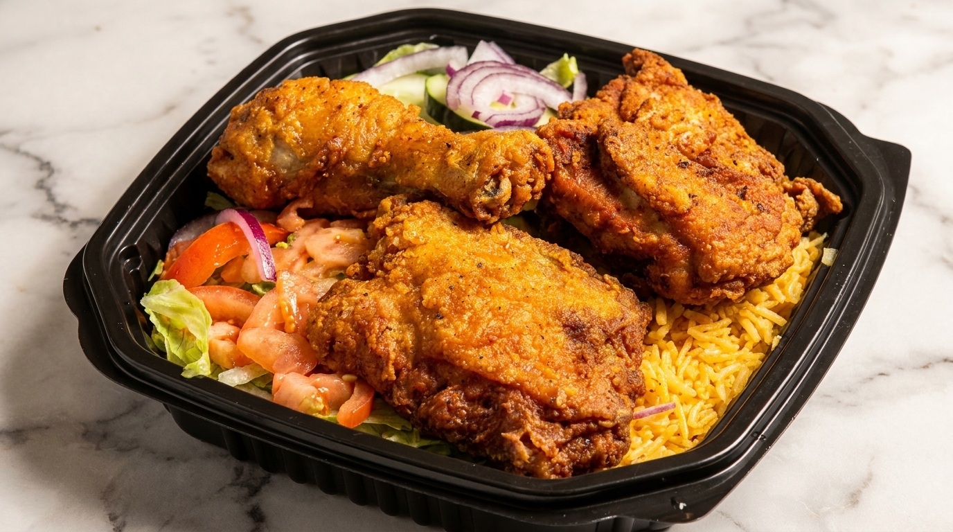 Three pieces of crispy fried chicken, yellow rice, and a fresh salad in a black takeout container.