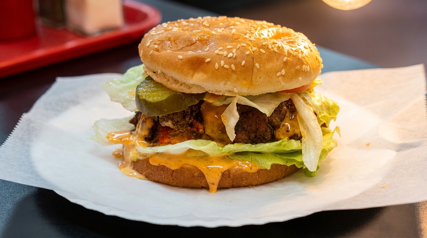 A juicy burger with lettuce, pickles, cheese, and special sauce on a sesame seed bun.
