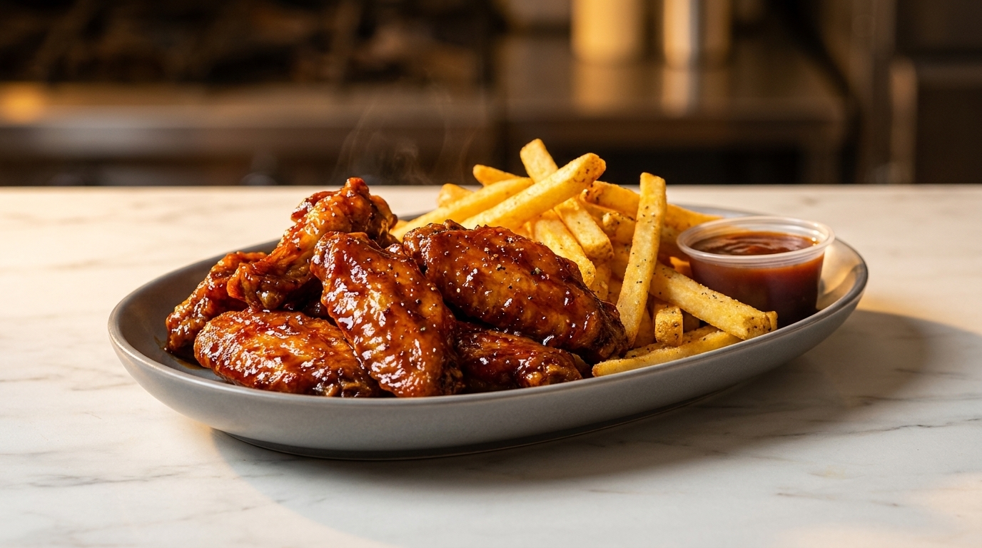 A plate of steaming hot chicken wings and french fries with a side of dipping sauce.