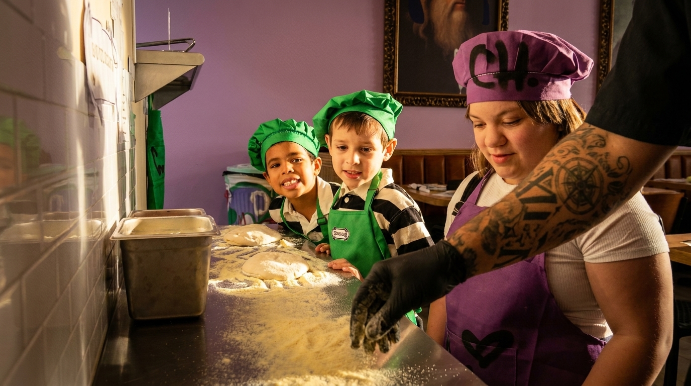 Three children in chef hats and aprons watch an adult's tattooed arm sprinkle flour on dough.