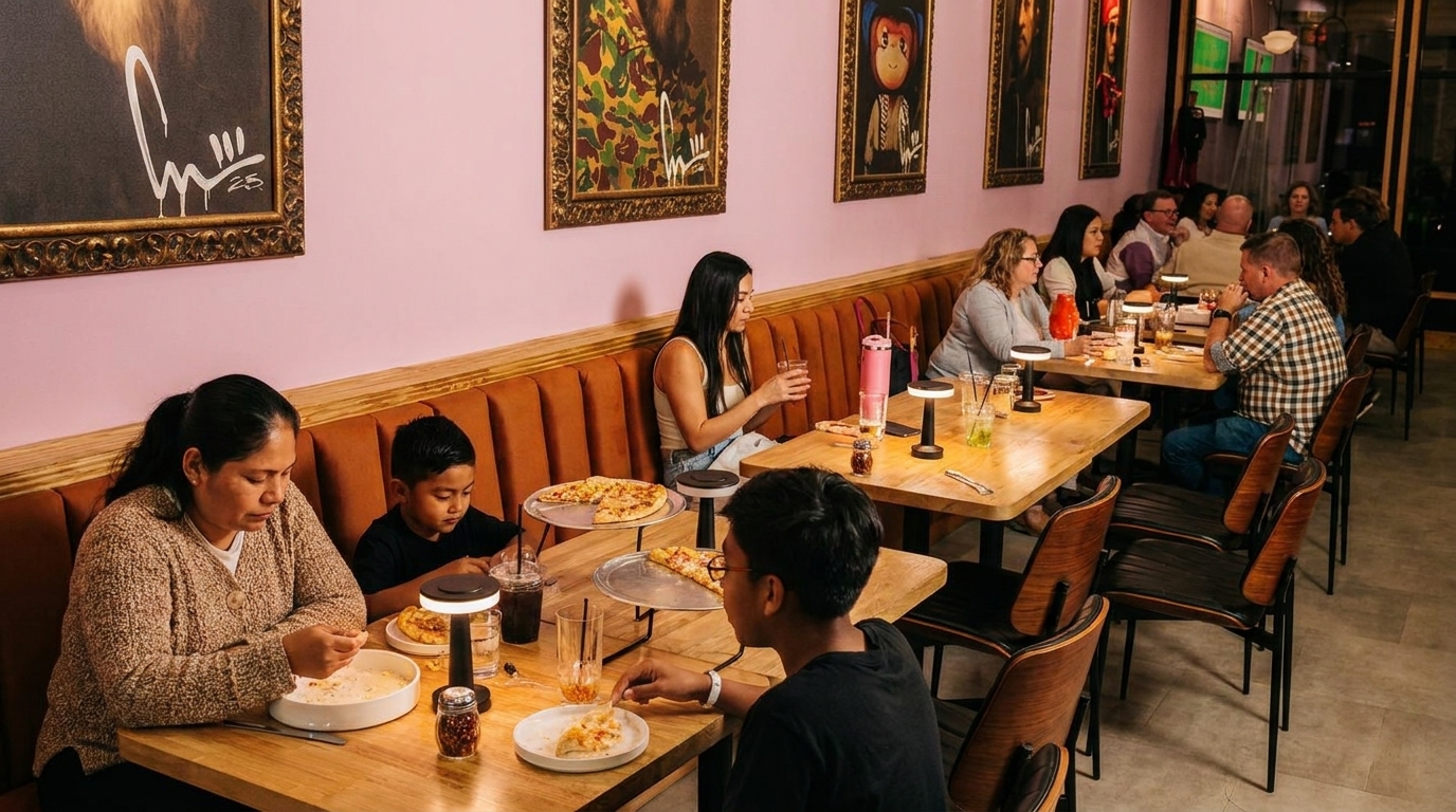 Diners of all ages enjoy pizza and drinks at wooden tables with pink walls and art.