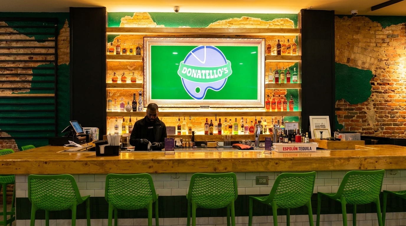 A bartender stands behind a wooden bar with green chairs, liquor bottles, and a Donatello's sign.