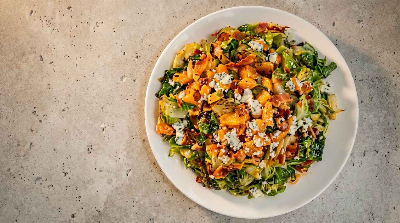 Roasted Brussels sprouts, butternut squash, bacon, and blue cheese crumbles on a white plate.