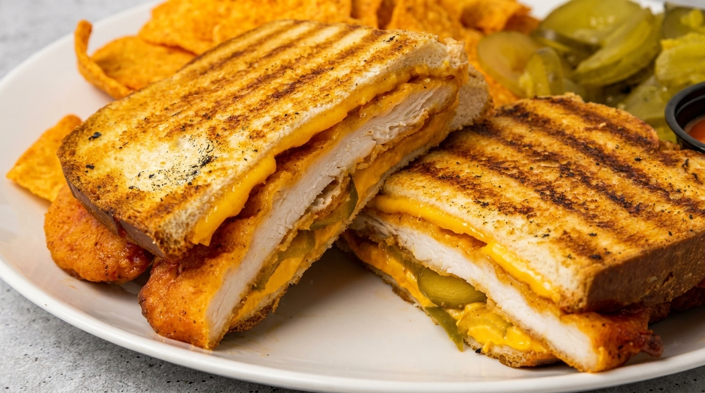 Grilled chicken sandwich with melted cheese and pickles, served with chips and a side of sauce.