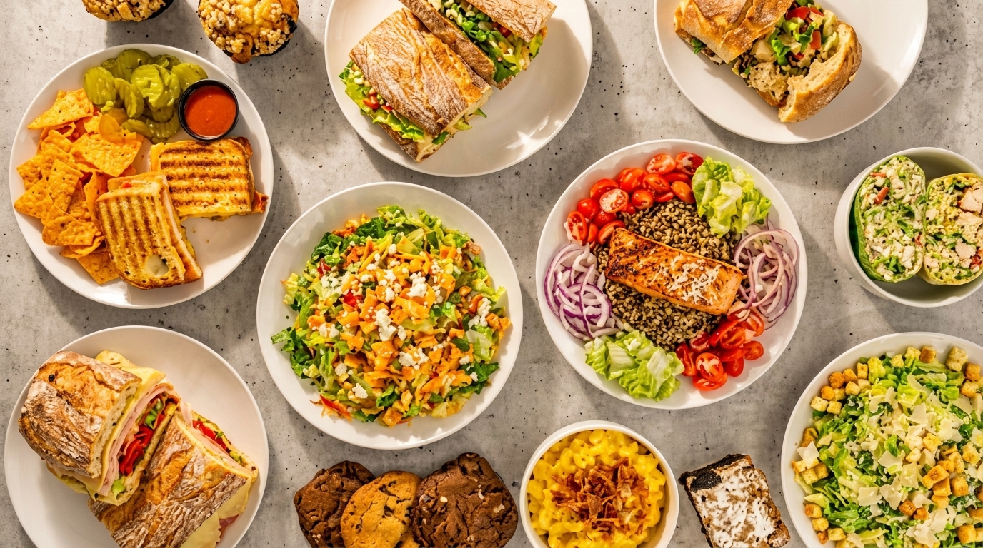 Overhead view of a variety of dishes including sandwiches, salads, grilled salmon, mac and cheese, and cookies.