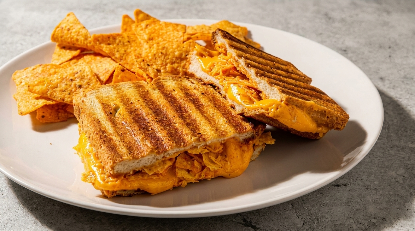 Grilled cheese sandwich with melted cheese and tortilla chips on a white plate.