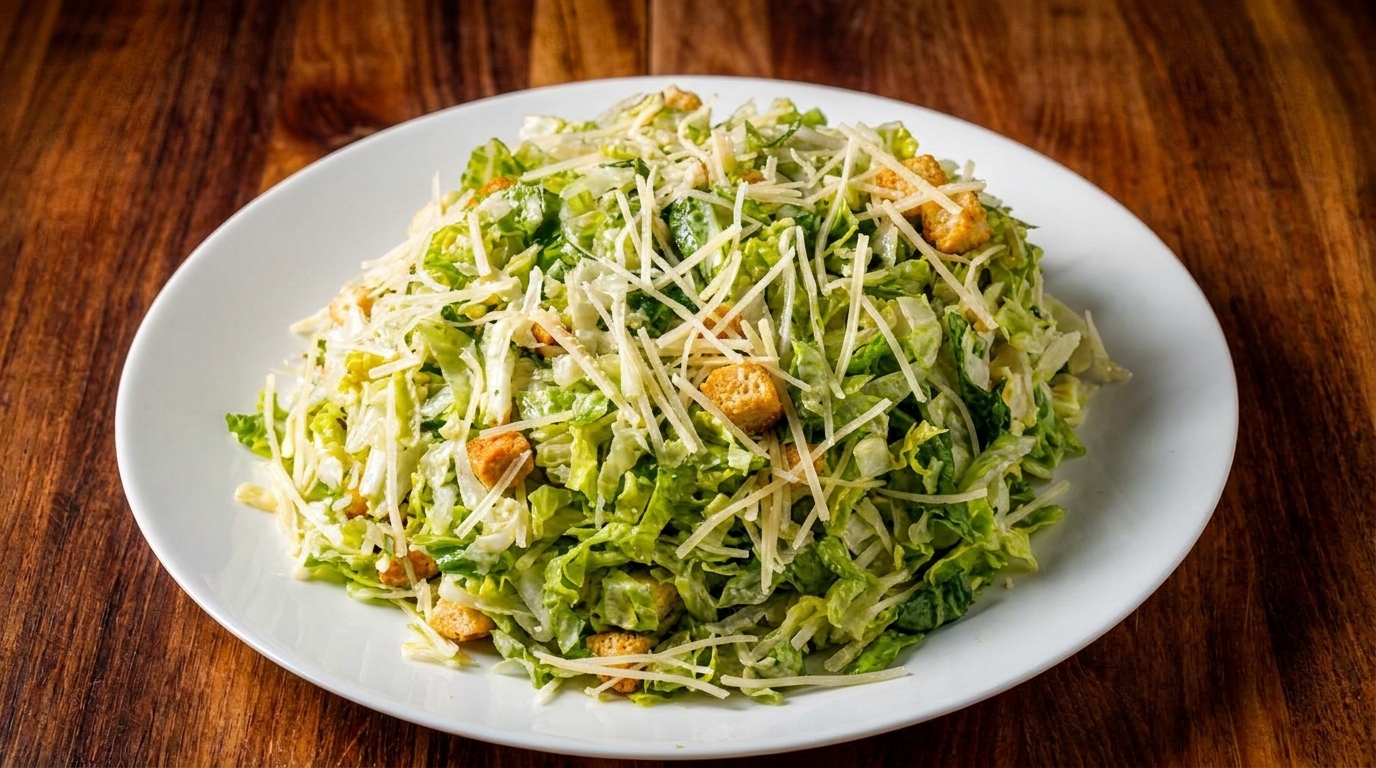 A large Caesar salad with shredded lettuce, croutons, and parmesan cheese on a white plate.