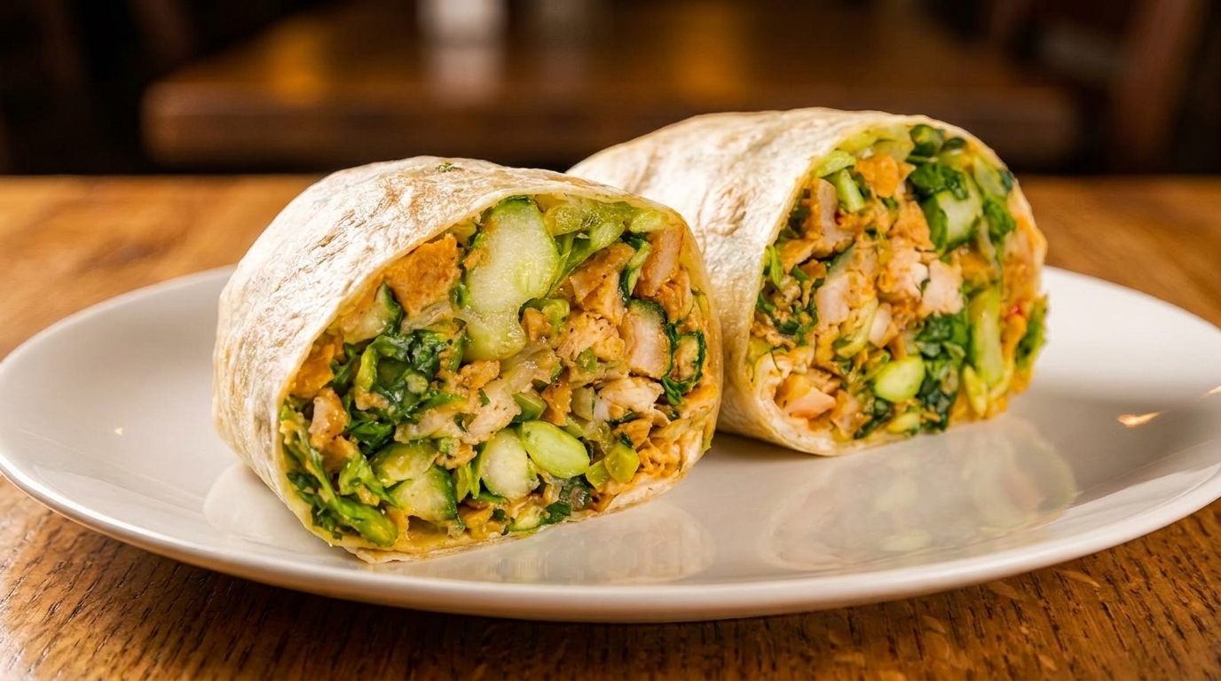 Two halves of a chicken and vegetable wrap, filled with greens and asparagus, on a white plate.