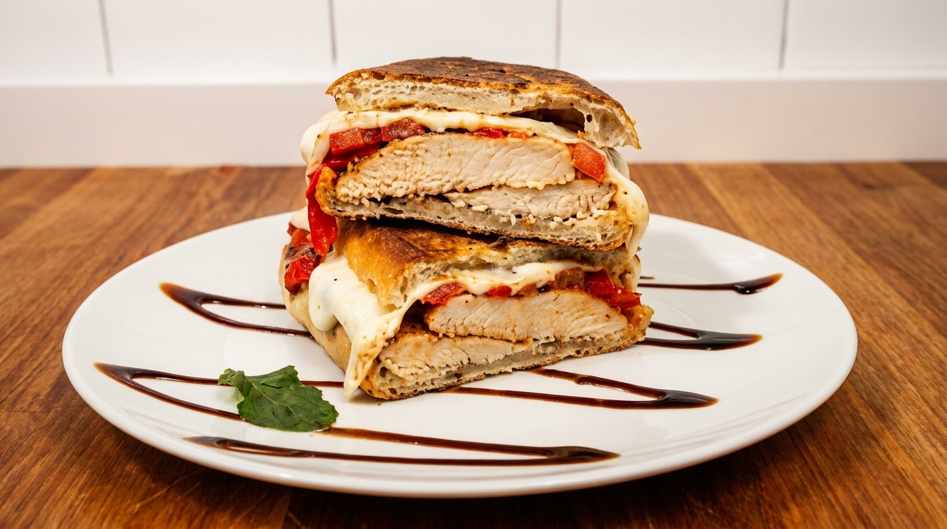 Grilled chicken sandwich with melted cheese, roasted red peppers, and balsamic glaze on a white plate.