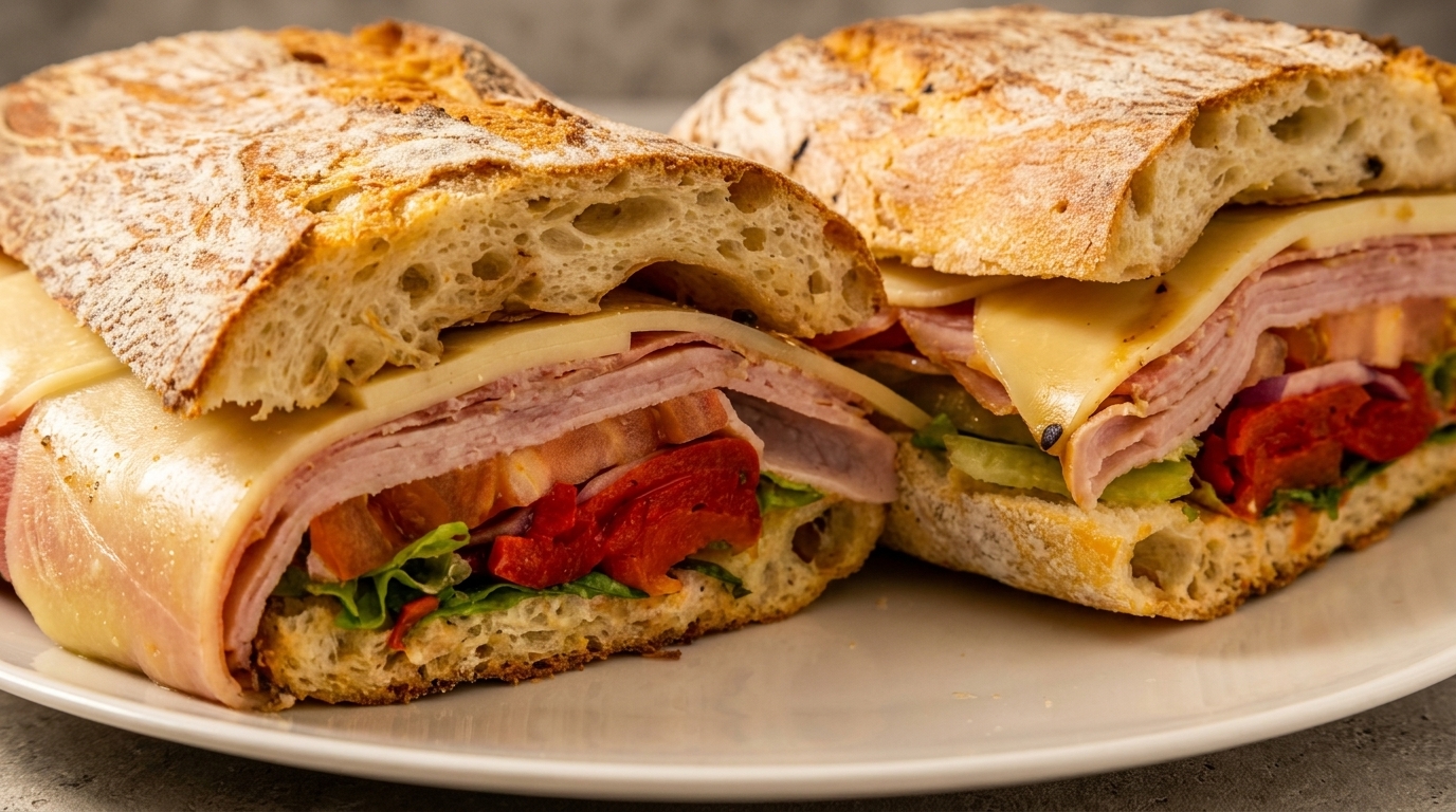 Two halves of a large sandwich on ciabatta bread, filled with meat, cheese, and vegetables.
