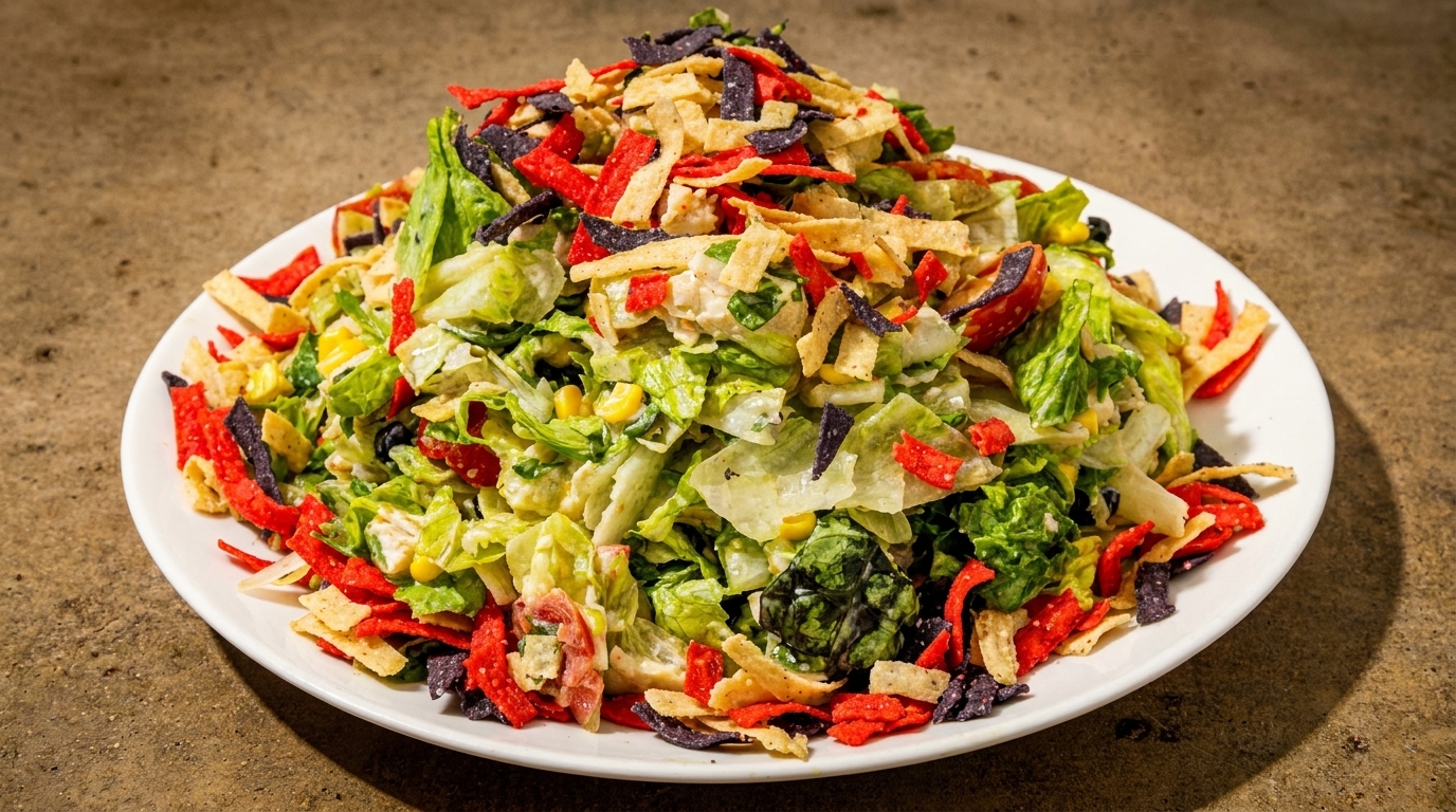 A large, vibrant salad with green lettuce, corn, and colorful tortilla strips on a white plate.
