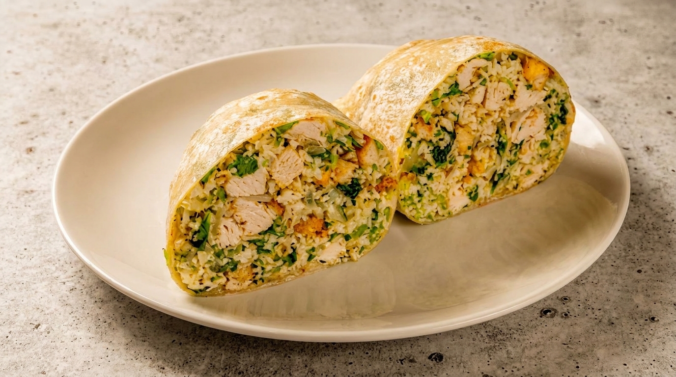 Two halves of a chicken and rice burrito, filled with green vegetables, on a white plate.