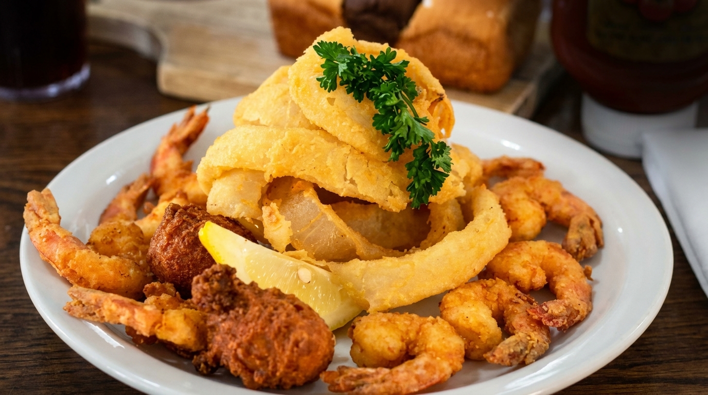 A white plate with fried shrimp, hush puppies, onion rings, and a lemon wedge.