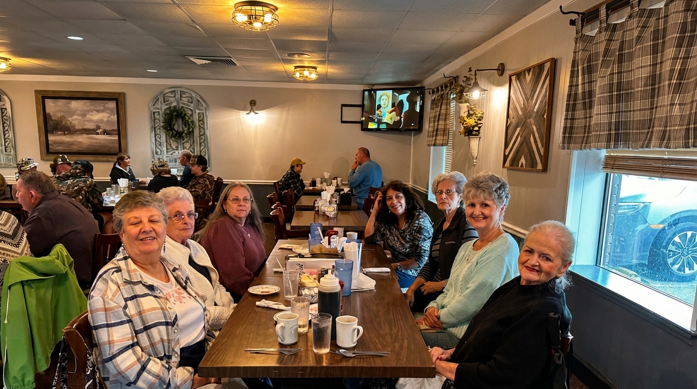 A group of women smiling at a long table in a brightly lit restaurant with other diners.