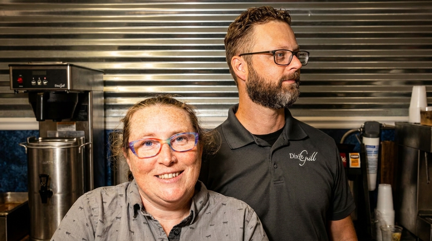 A smiling woman and a man in a Dix Grill shirt stand in a restaurant kitchen.