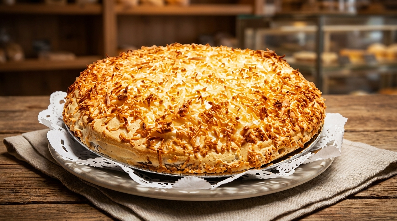 A golden-brown coconut cream pie on a white doily and plate, on a rustic wooden table.