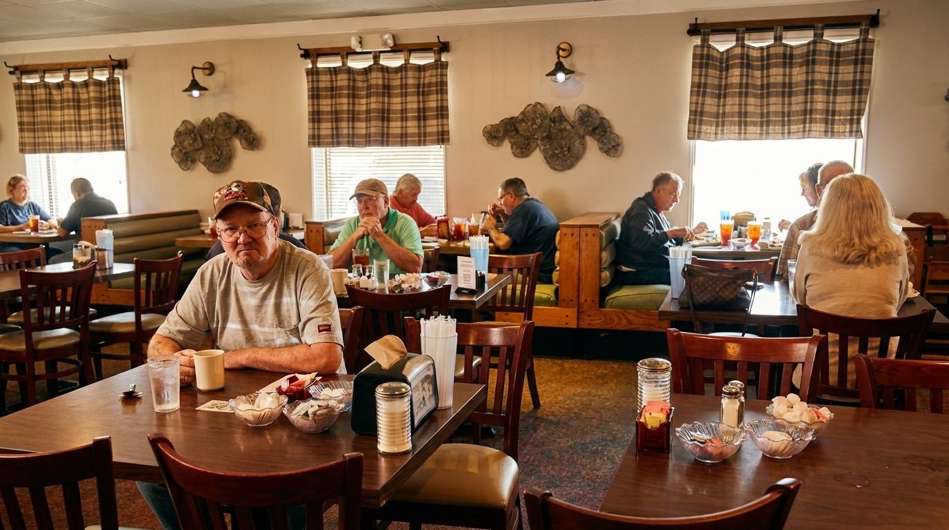 Diners seated at tables and booths in a brightly lit restaurant with plaid window valances.
