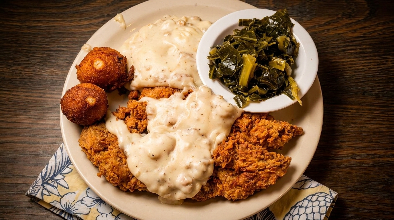 Fried chicken with gravy, hush puppies, and collard greens on a plate.