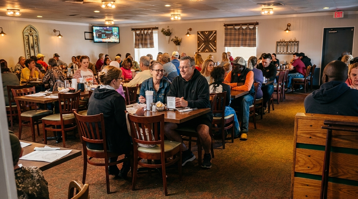 A busy restaurant dining room with many patrons seated at tables, enjoying meals and conversation.