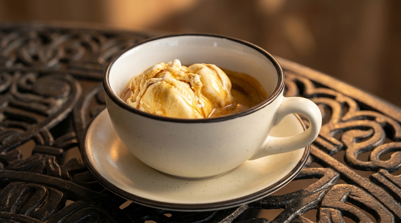 Affogato with vanilla ice cream and espresso in a white cup on a decorative metal table.