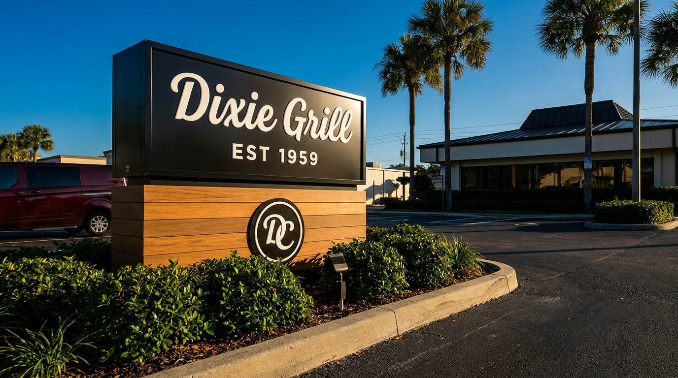 Exterior sign for Dixie Grill, established 1959, with palm trees and restaurant building in background.