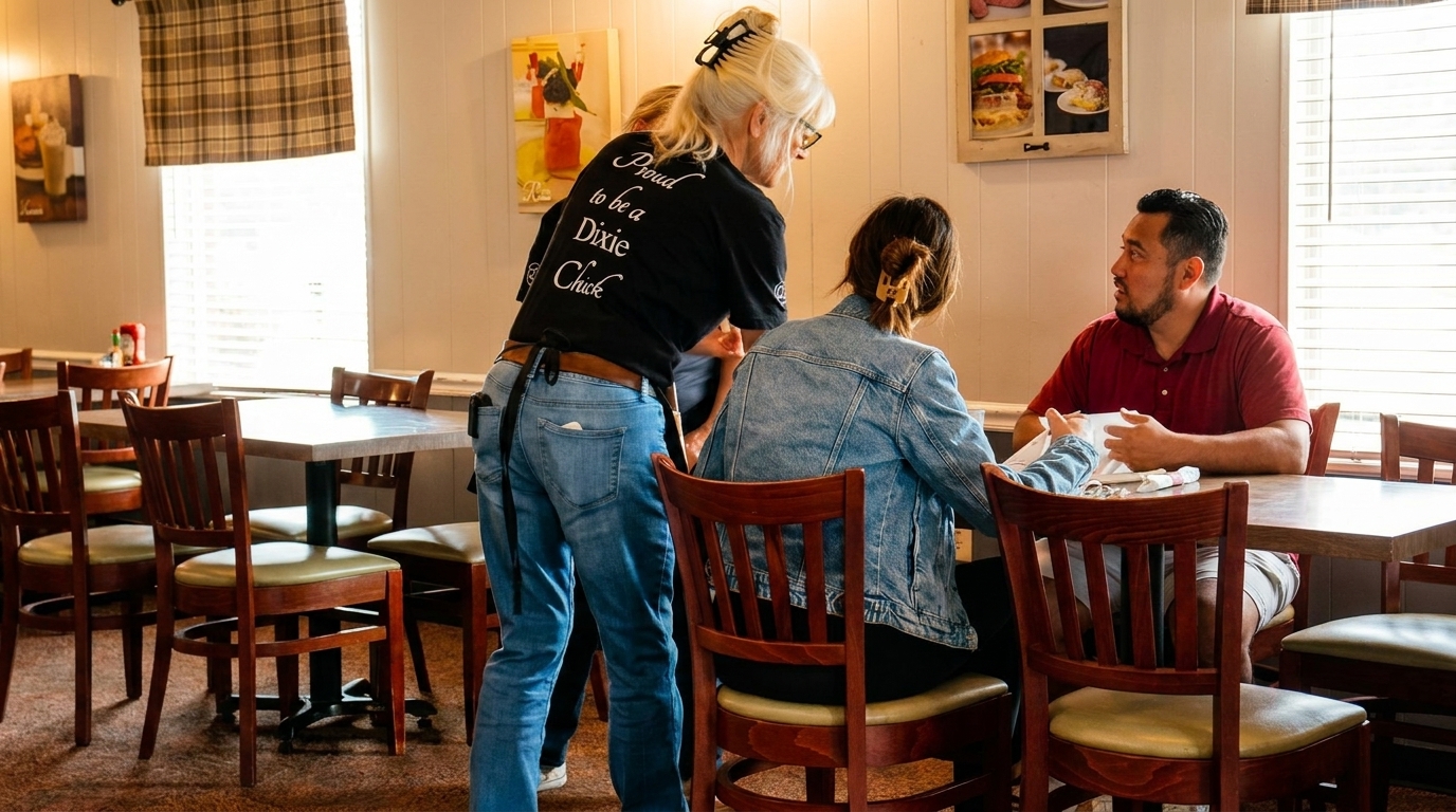 A waitress in a black shirt takes an order from two customers seated at a table in a diner.