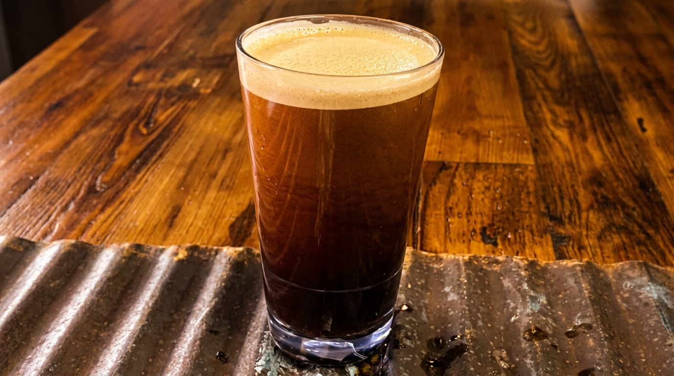 Dark beer with a foamy head in a tall glass on a rustic wooden table.