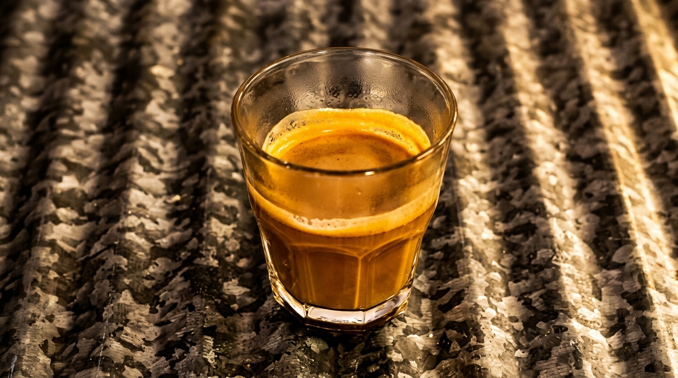 A glass of espresso with crema sits on a textured, dark gray and white surface.