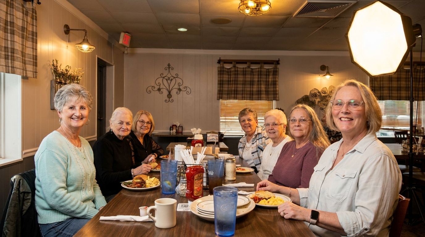 Seven smiling women of various ages are seated around a restaurant table with food and drinks.