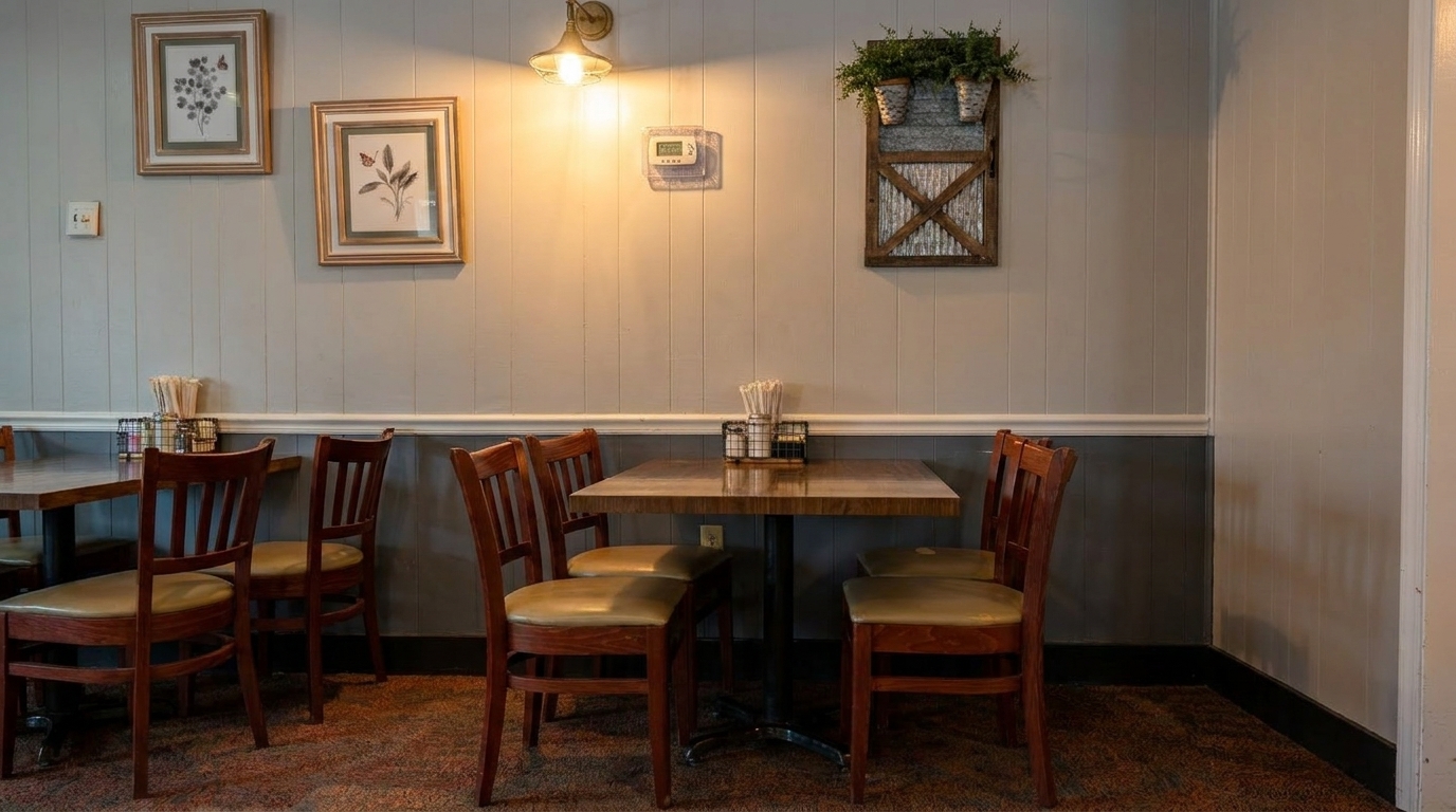 Cozy restaurant dining area with wooden tables, chairs, framed art, and a wall sconce.
