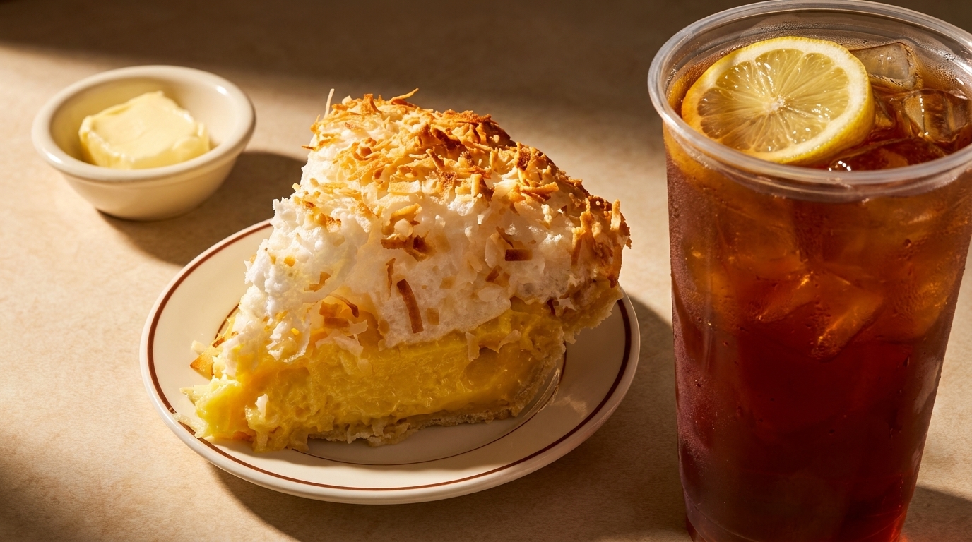 Slice of coconut cream pie with toasted coconut flakes, butter, and iced tea with lemon.