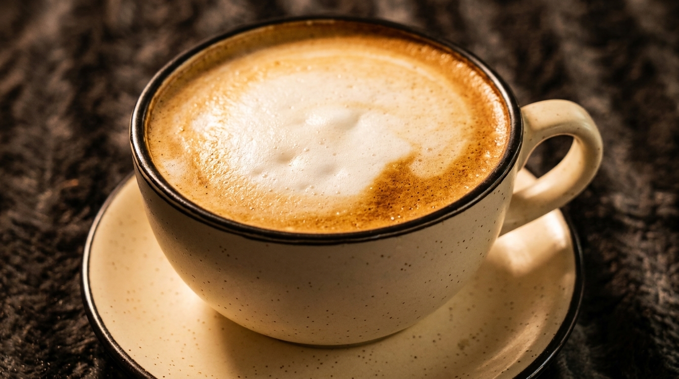 Close-up of a creamy cappuccino with foam art in a speckled mug on a dark knitted surface.