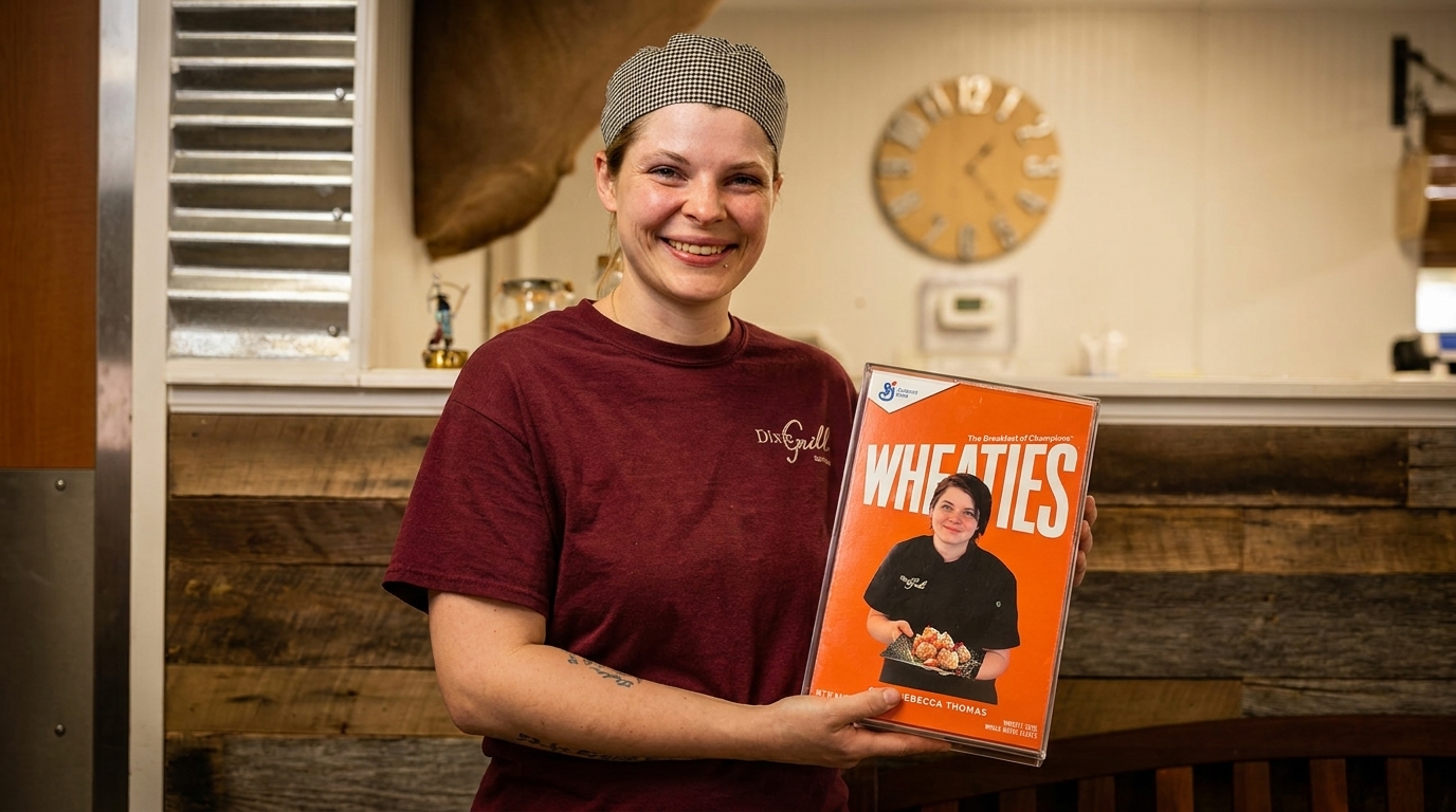 Smiling woman in a chef's hat and Dixie Grill shirt holding a framed Wheaties box.