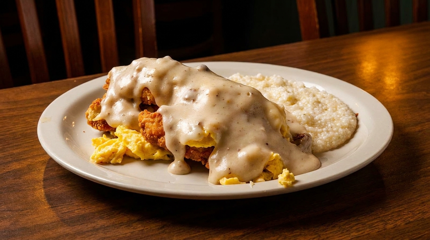 Chicken fried steak with gravy, scrambled eggs, and grits on a white plate.