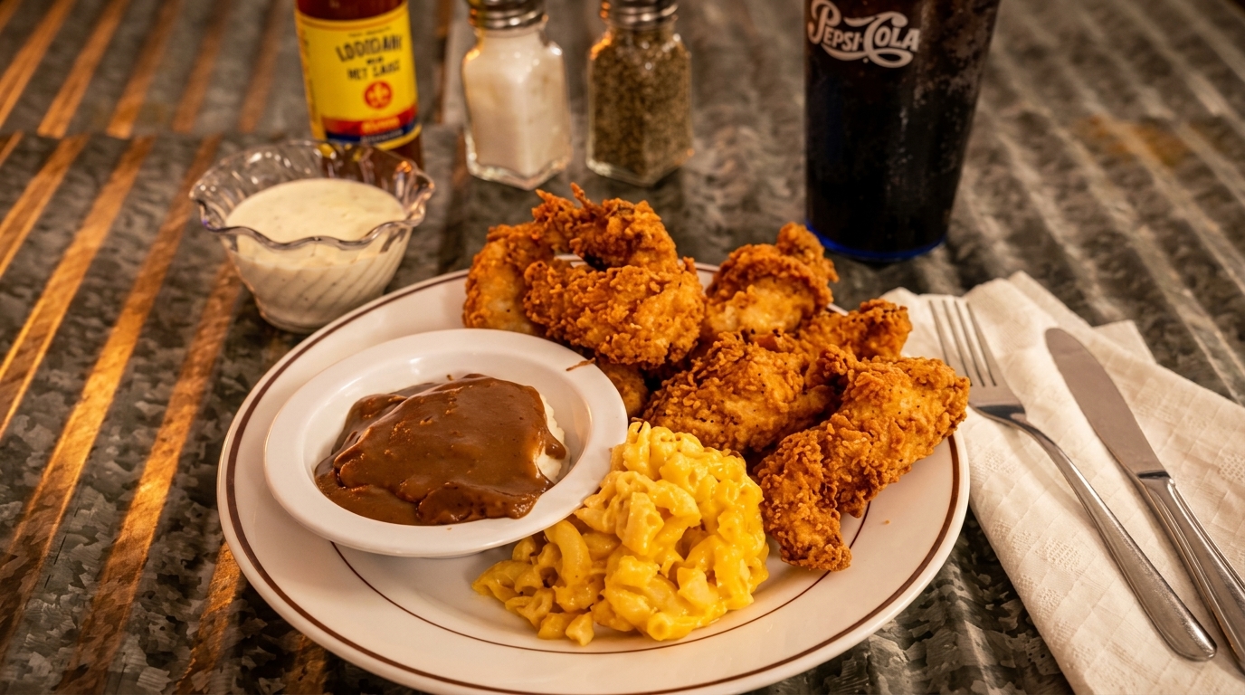 Crispy fried chicken tenders with mashed potatoes and gravy, macaroni and cheese, and a Pepsi.