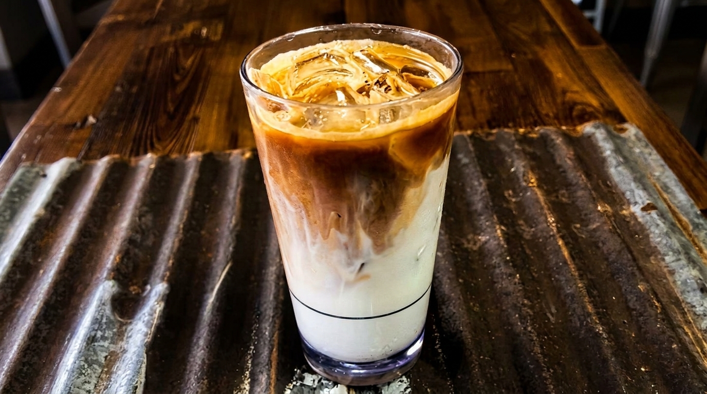 Iced latte with distinct layers of coffee and milk, topped with ice, on a rustic table.