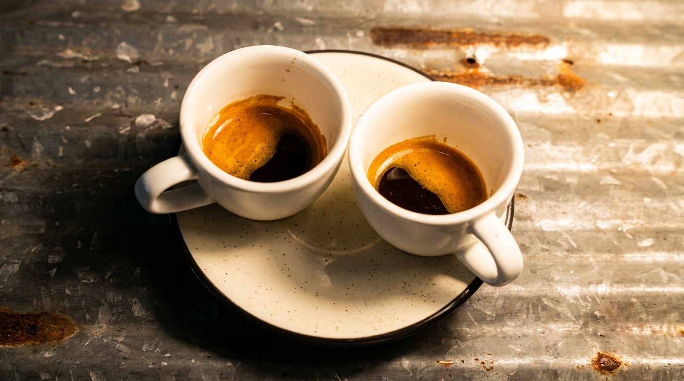 Two white espresso cups with rich crema on a speckled saucer, on a rustic metal surface.