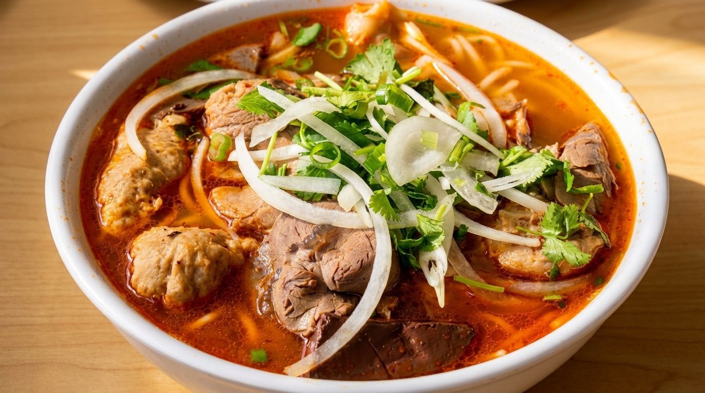 Close-up of a vibrant red Vietnamese noodle soup with beef, meatballs, onions, and herbs.