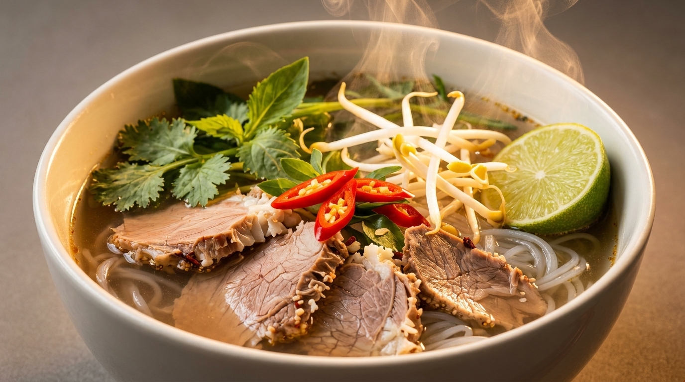 Steaming bowl of pho with beef, noodles, bean sprouts, herbs, chili, and a lime wedge.