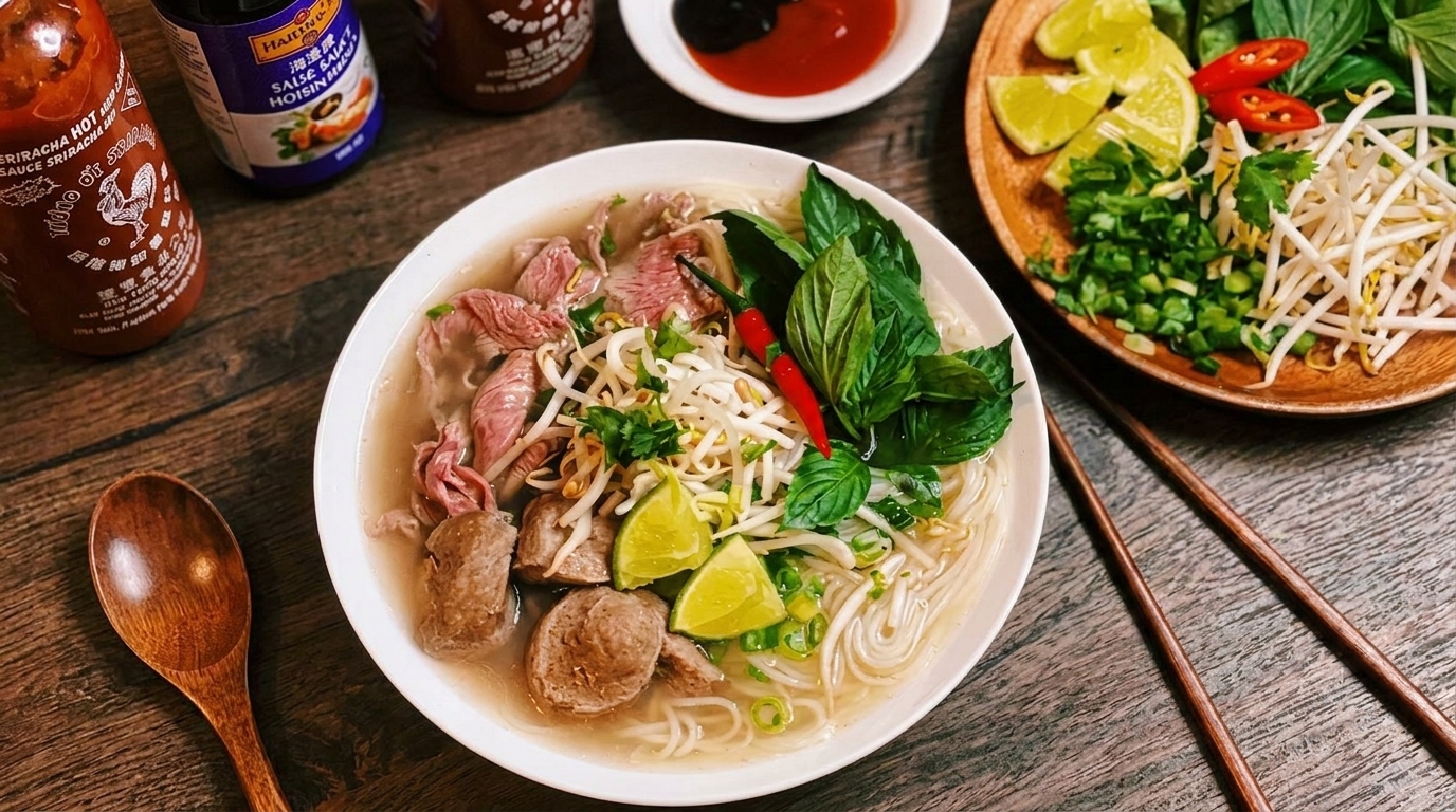 A bowl of Vietnamese pho with beef, meatballs, noodles, and fresh herbs on a wooden table.