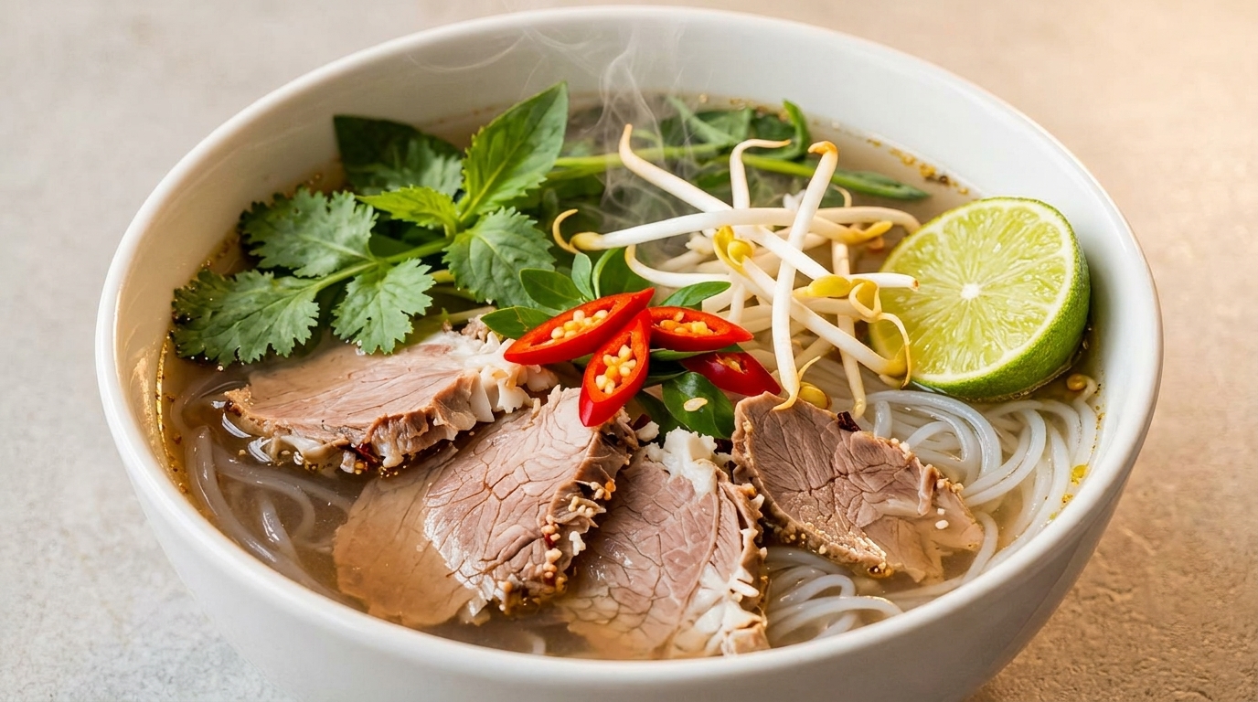 Steaming bowl of pho with beef, noodles, herbs, bean sprouts, chili, and lime.