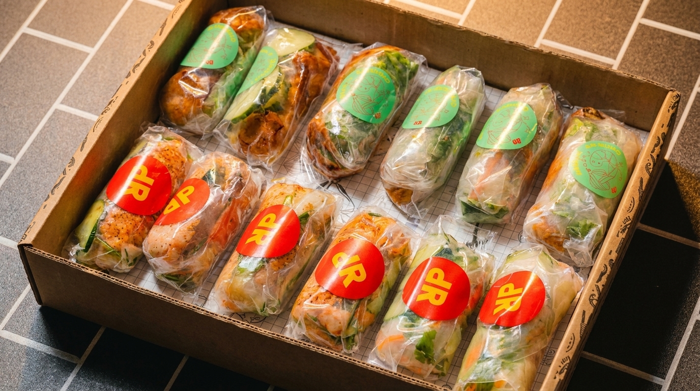 A cardboard box filled with twelve individually wrapped spring rolls, some with red and some with green stickers.