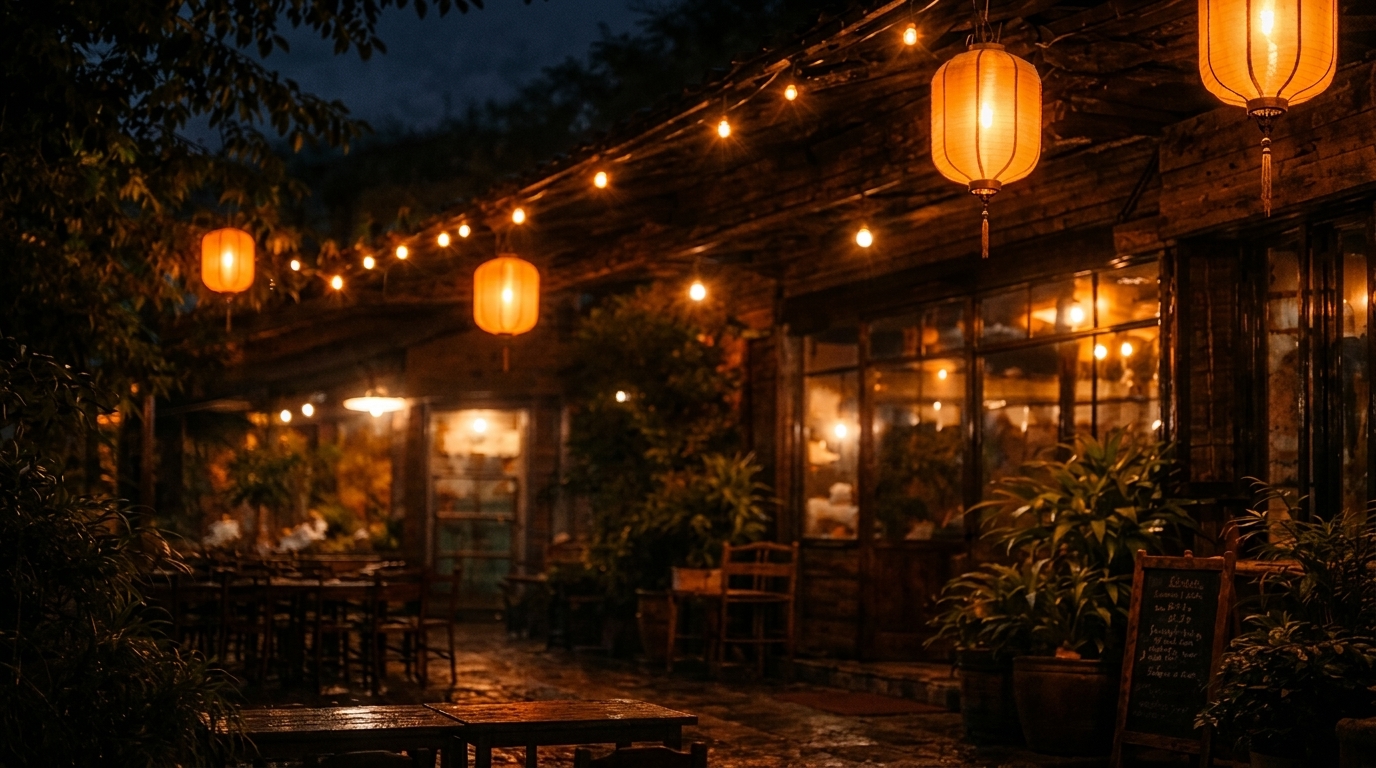 Cozy outdoor restaurant patio at night, illuminated by string lights and orange lanterns.
